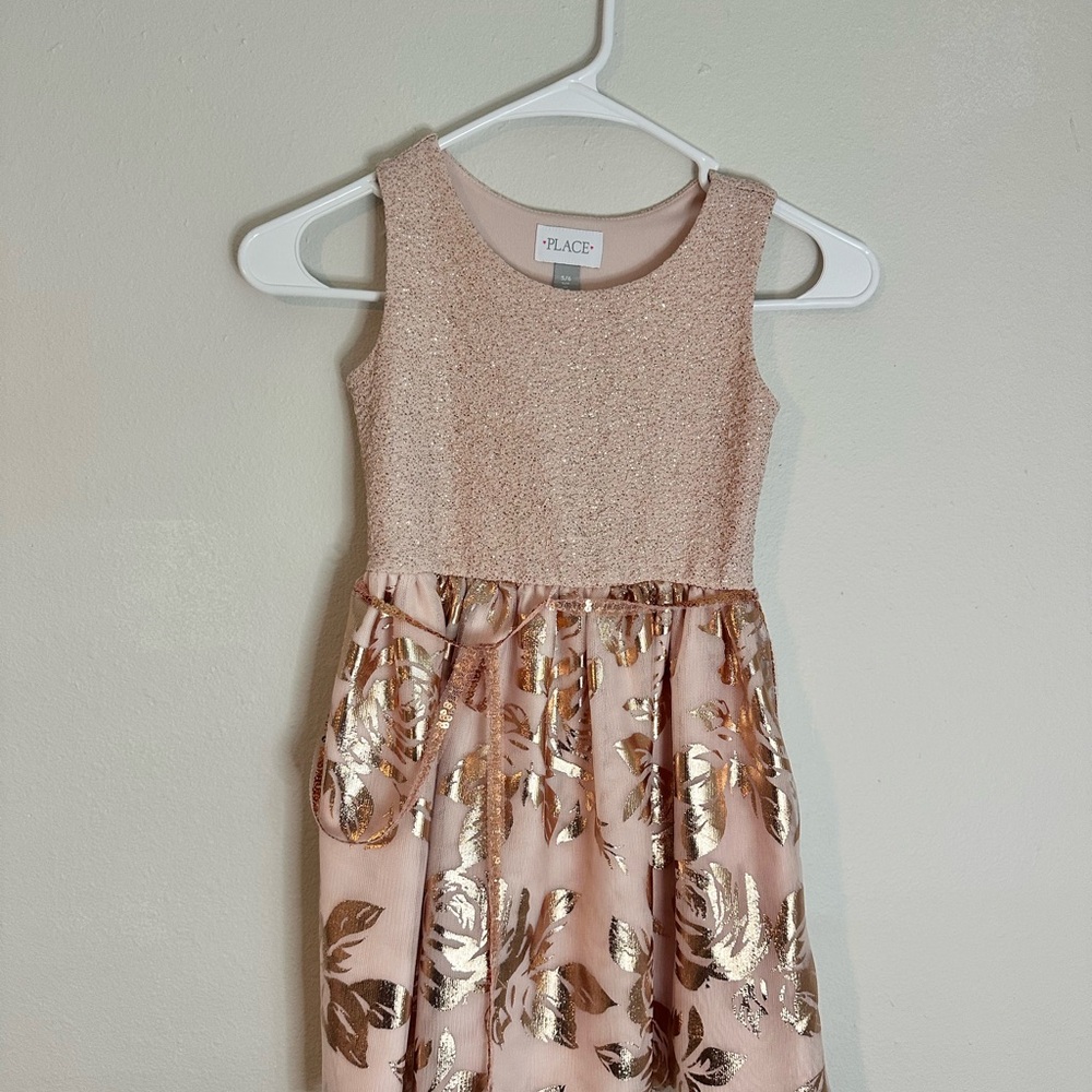 The Children's Place Pink Sparkle Bodice Dress with Gold Leaf Skirt